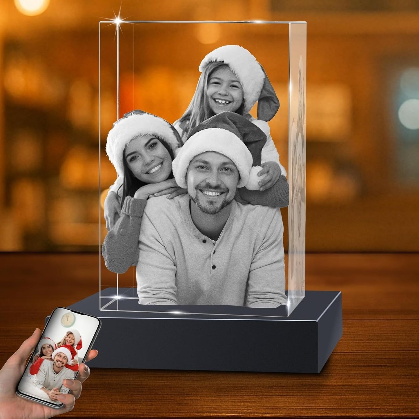 50x50x80 mm crystal with an engraved family photo on a lit base
