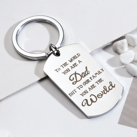 Military dog tag keychain engraved with a message for Dad