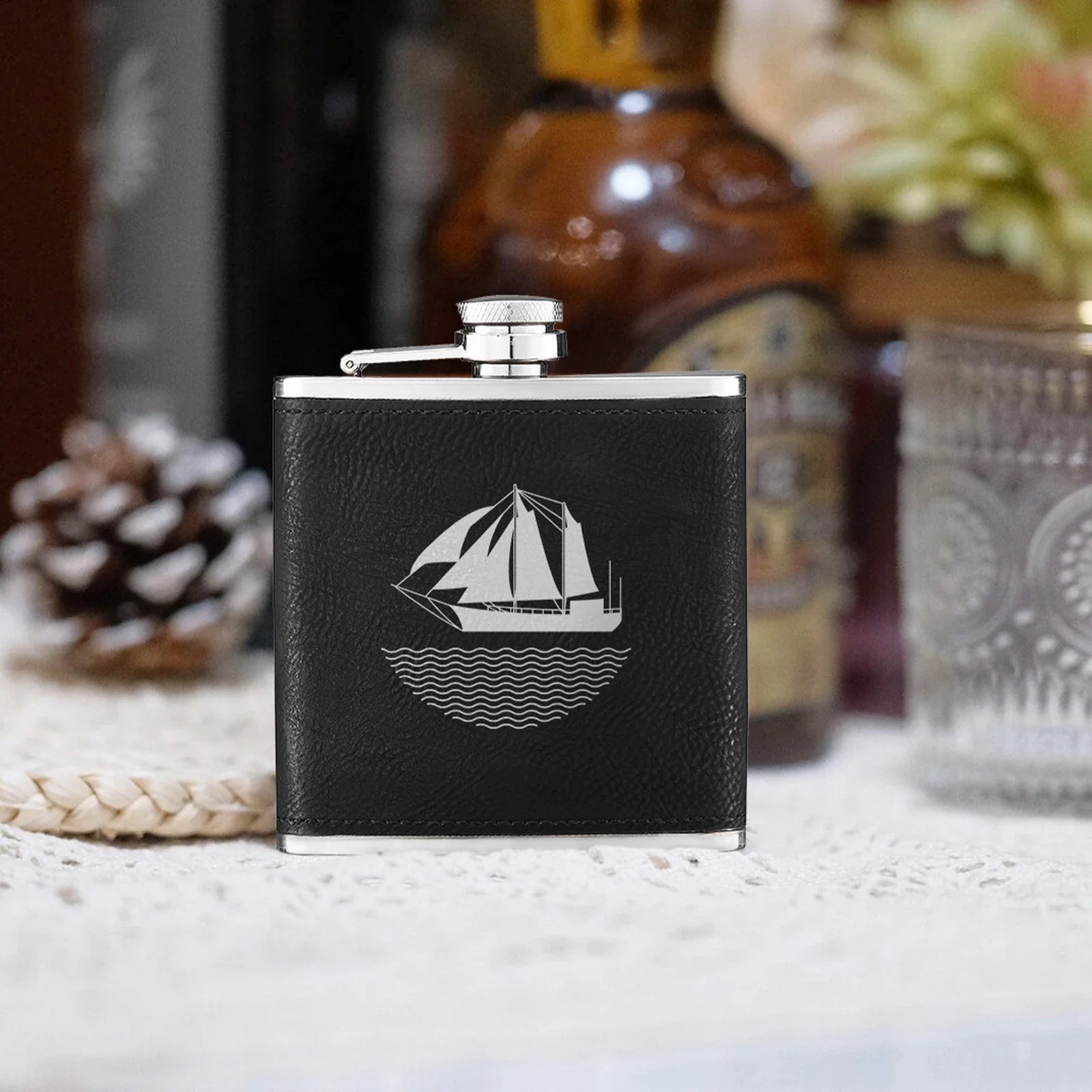 Engraved brown hip flask example