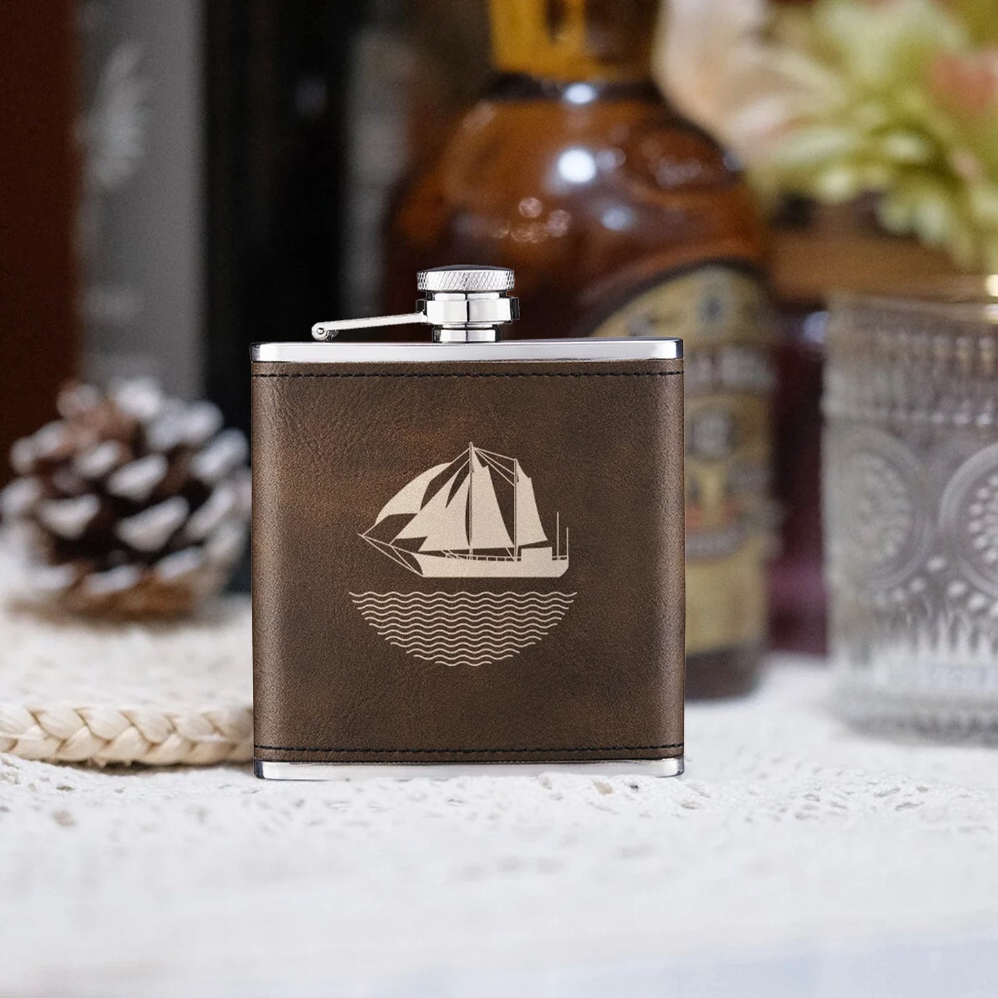 Engraved black hip flask example