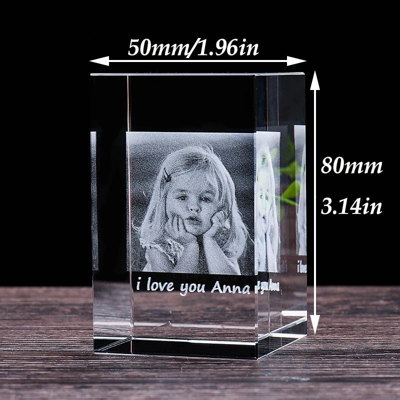 50x50x80 mm regular edge crystal engraved with a child's photo, dimensions shown