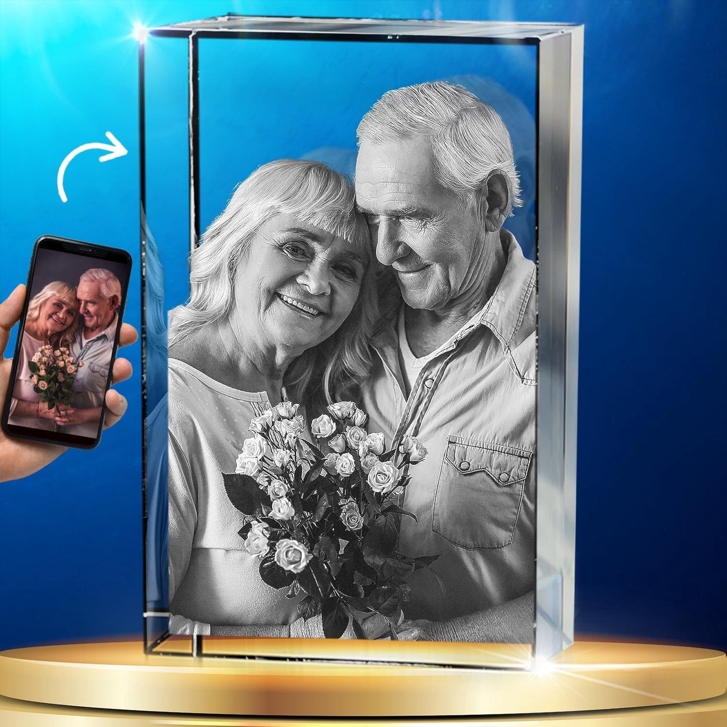 Beveled edge photo crystal engraved with a couple's portrait