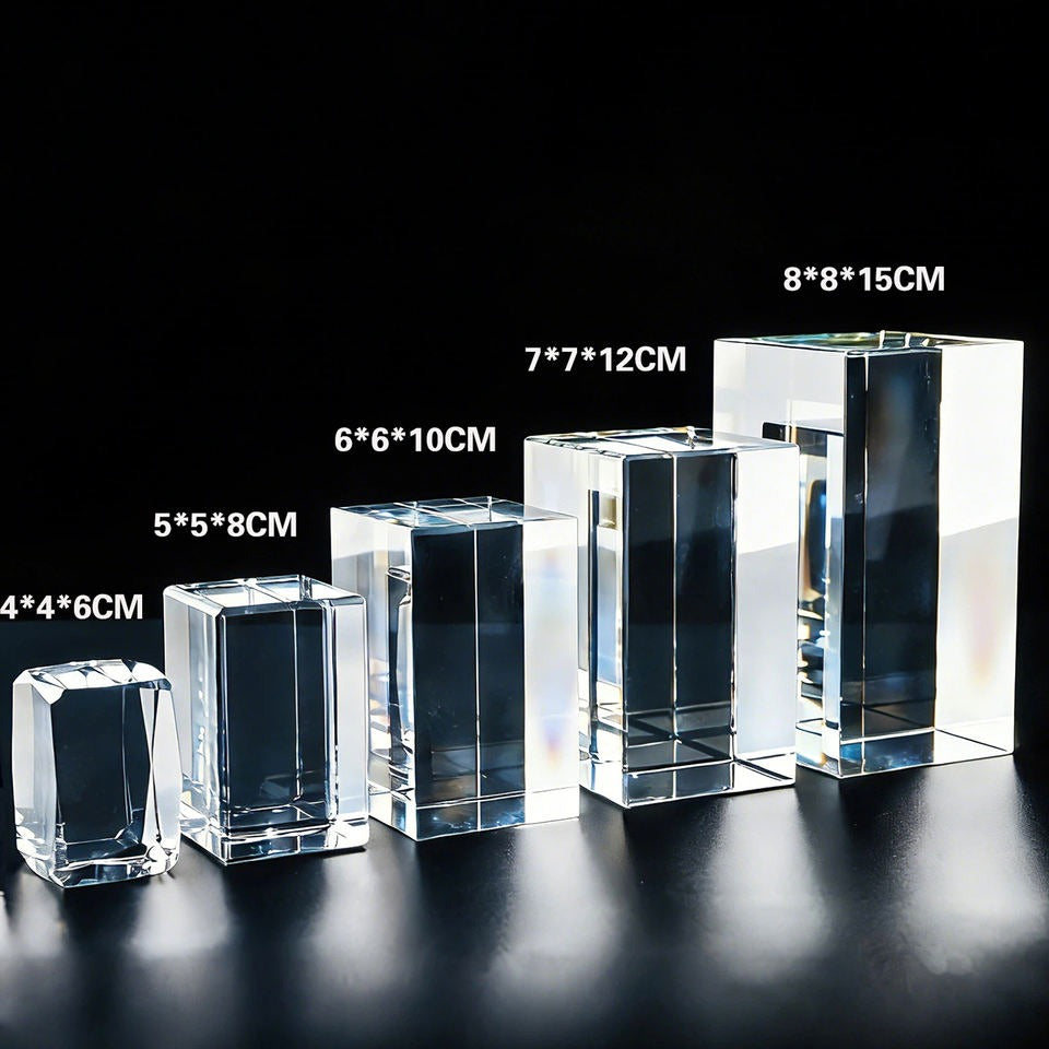 Crystal size lineup: 4x4x6, 5x5x8, 6x6x10, 7x7x12, and 8x8x15 cm blocks