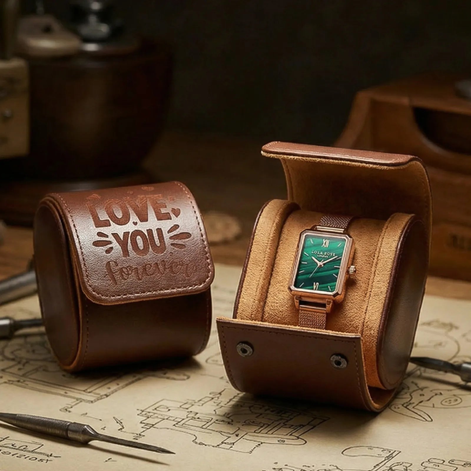 Leather watch box open, interior view