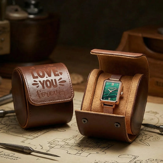 Leather watch box open, interior view
