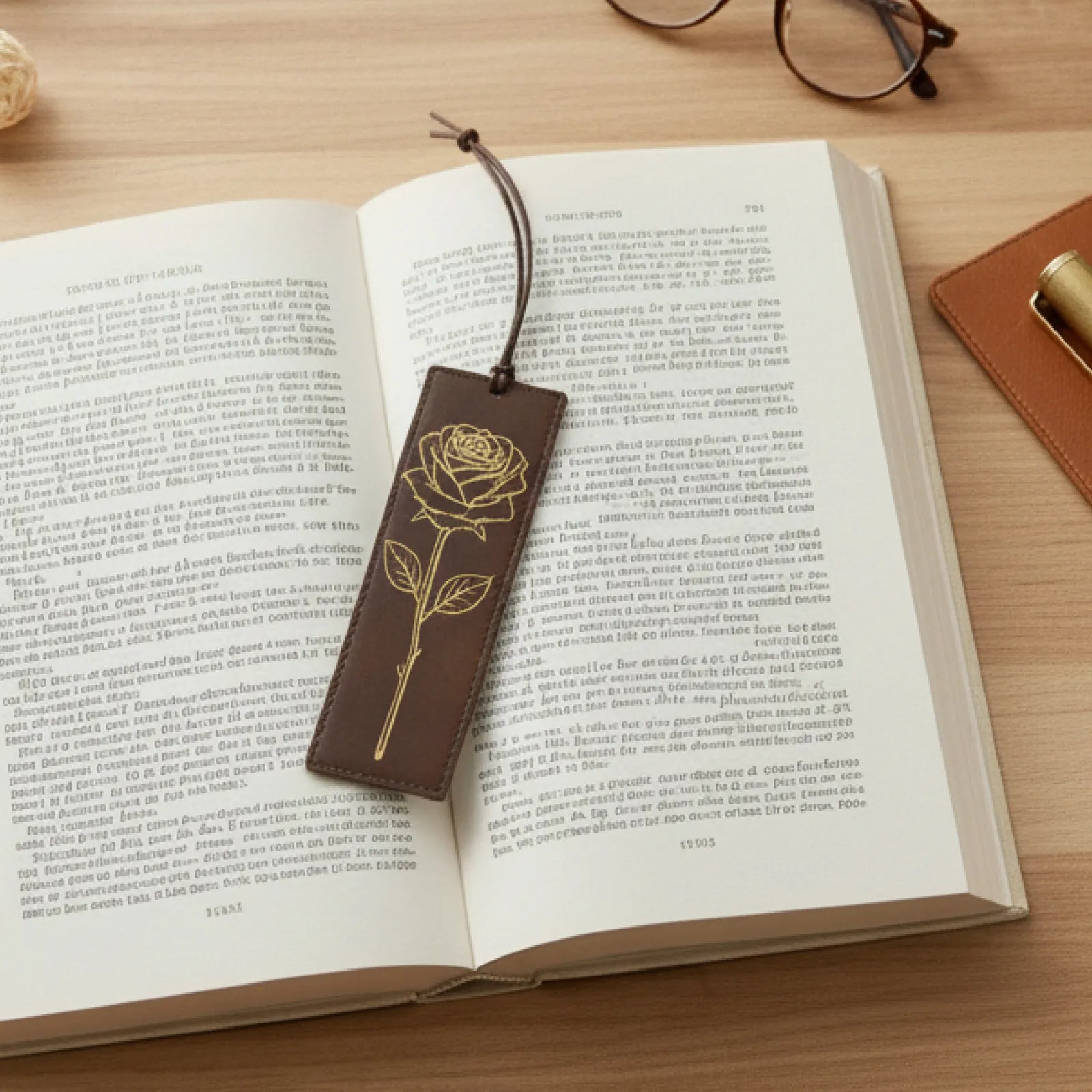 Leather bookmark in book