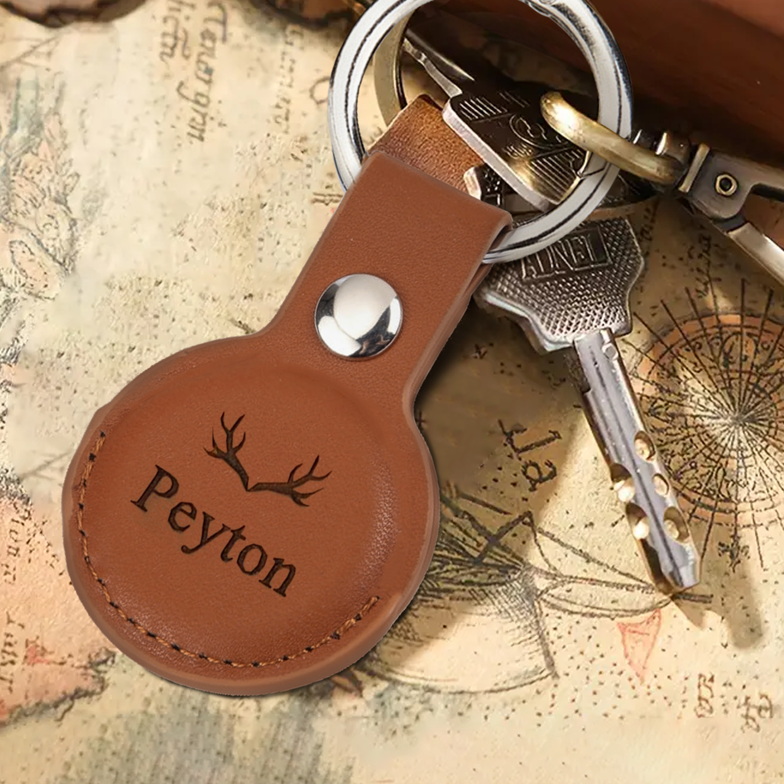 Brown AirTag holder with AirTag