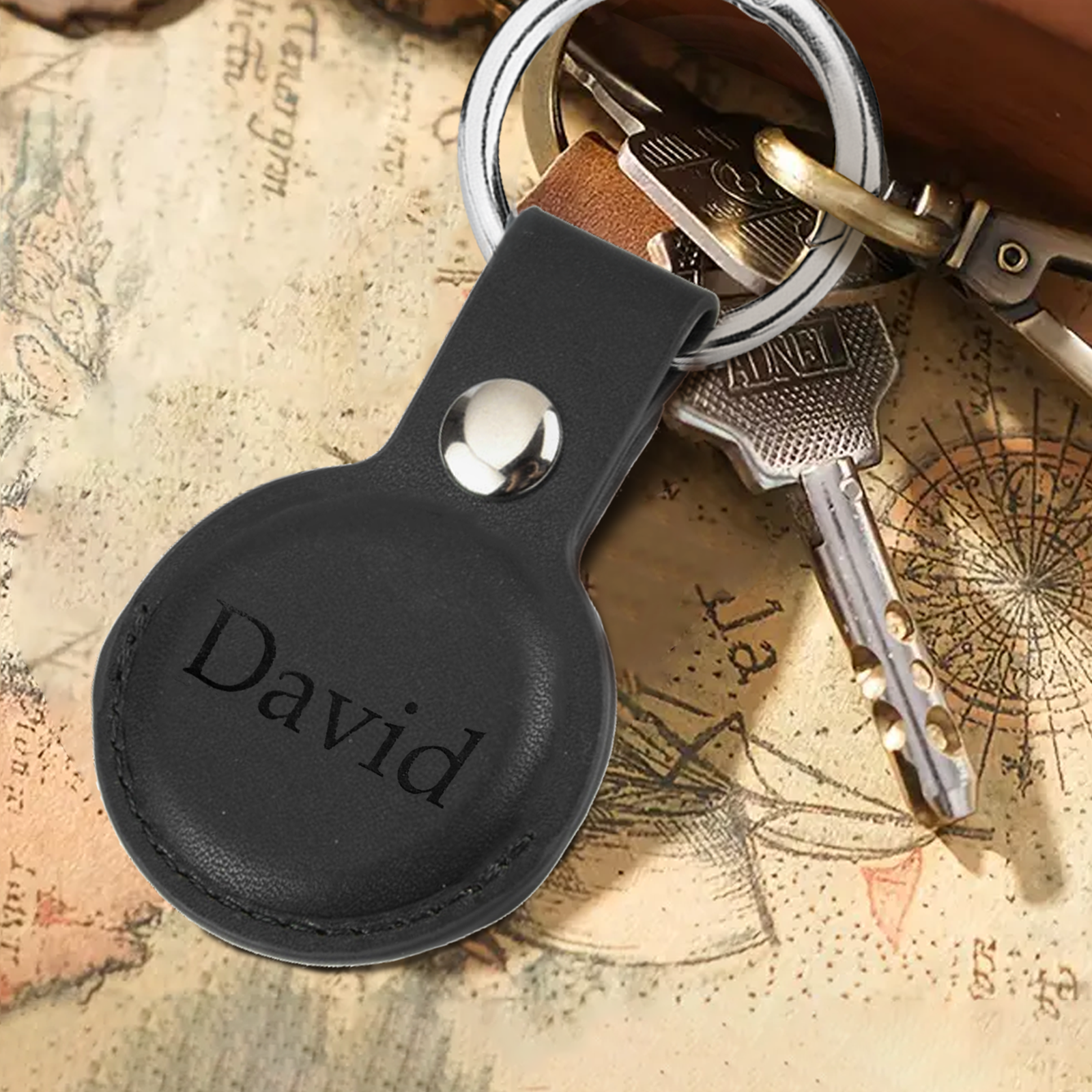 Engraved leather AirTag holder example
