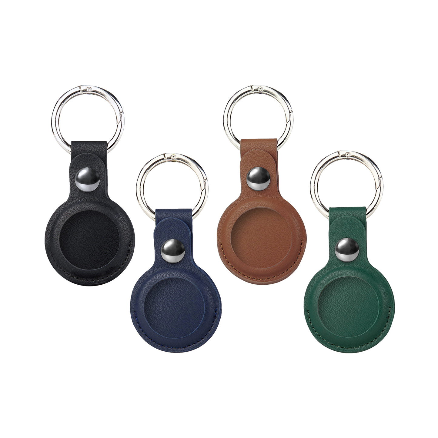 PU leather AirTag holder keychains in multiple colors