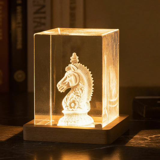 3D engraved crystal glowing on a wooden LED display base