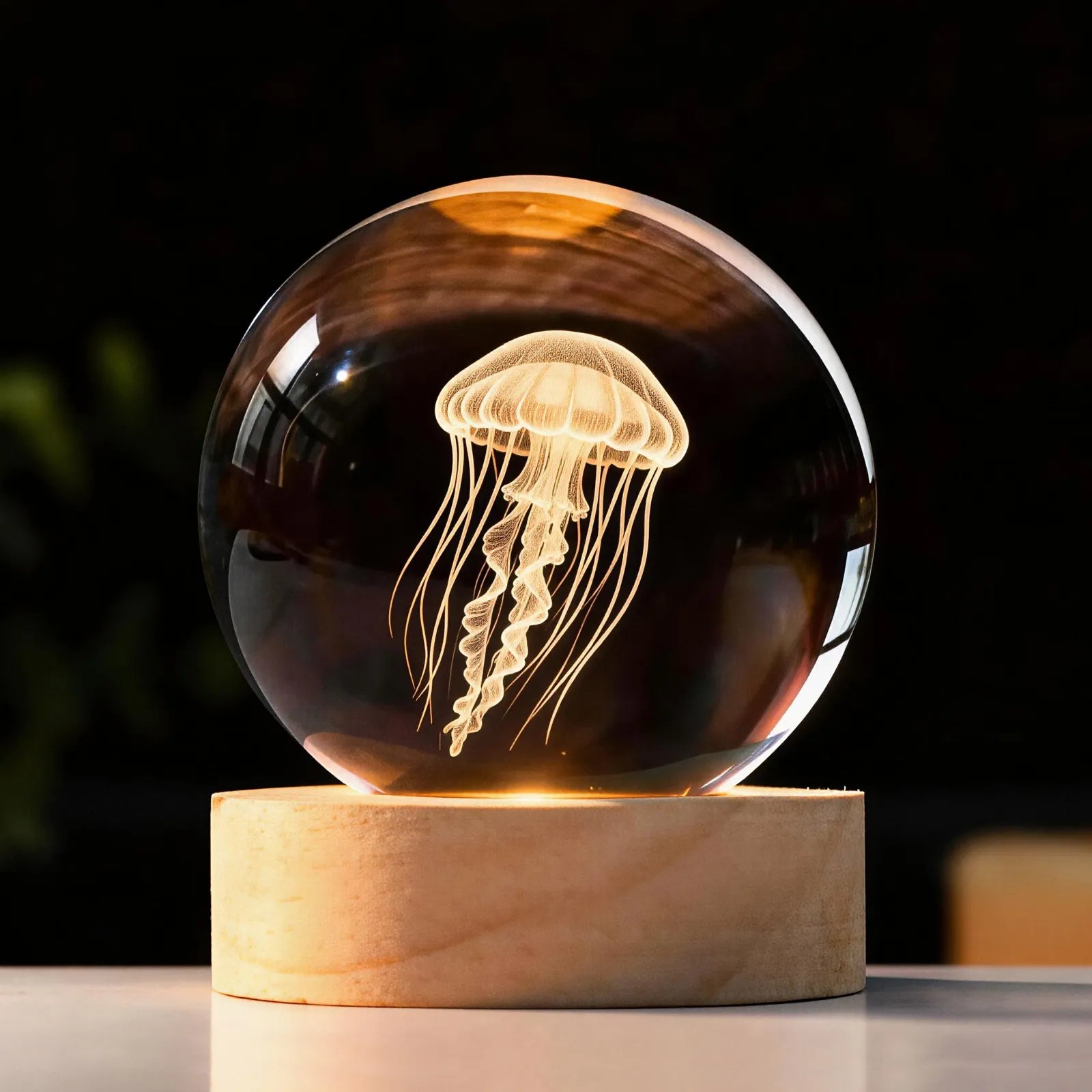 Crystal sphere engraved with jellyfish, glowing on an LED base